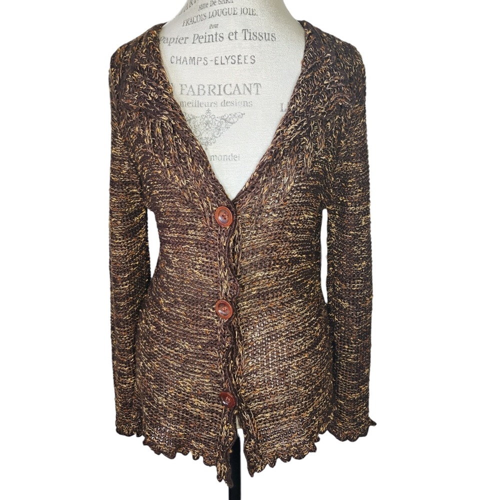 BCBG Maxazria Y2K Brown Cardigan Sweater Women XL Ruffle Hem Forest Fairy Grunge